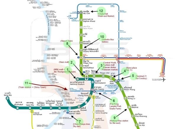 mapa de bangkok bts mapa amb els llocs d'interès